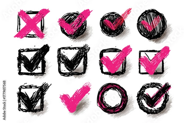 Fototapeta Hand Drawn Check Mark & X Icon Set - Sketch Doodle Tick Box Vector Illustration