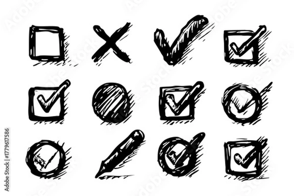Fototapeta Hand Drawn Check Mark & X Icon Set - Sketch Doodle Tick Box Vector Illustration