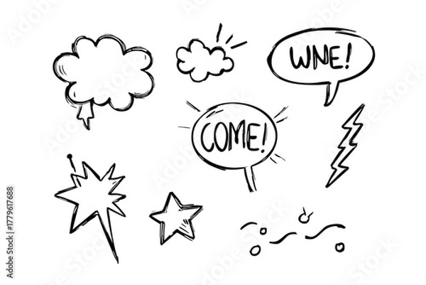 Fototapeta Cute Comic Speech Bubble Icon Set - Cartoon Emphasis, Spark, and Motion Vector Illustration