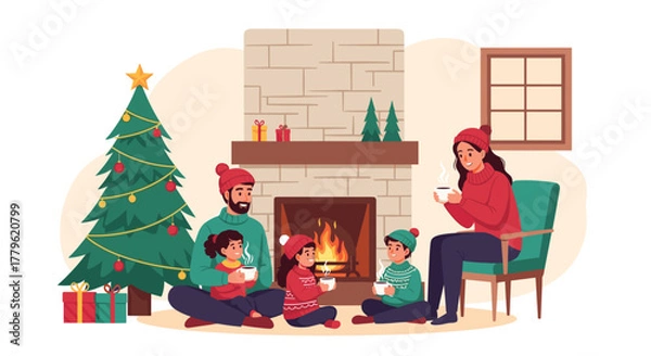Fototapeta Cozy family enjoying Christmas Eve warmth by the fireplace with hot cocoa and decorated tree