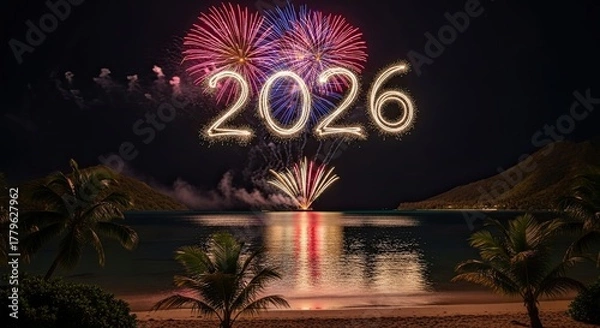 Fototapeta Sparkling Fireworks Light Up The Night Sky To Celebrate The New Year 2026