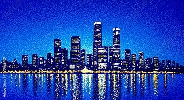 Fototapeta Vibrant city skyline illuminated at night with dazzling reflections on water