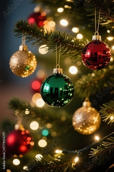 Fototapeta Festive ornaments hanging on a Christmas tree, reflecting the twinkling lights.