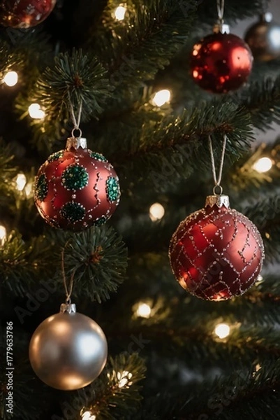 Fototapeta Festive ornaments hanging on a Christmas tree, reflecting the twinkling lights.