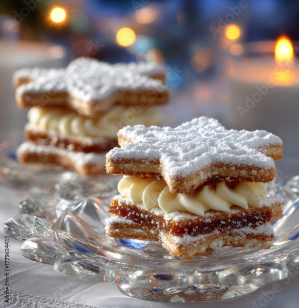 Obraz Weihnachtliche Sternplätzchen mit Cremefüllung und Puderzucker auf Glasplatte