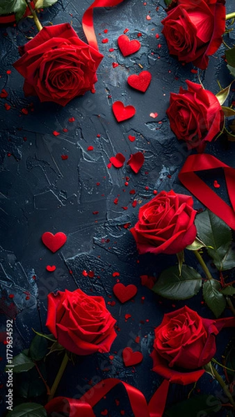 Fototapeta red rose petals and hearts confetti on dark stone background, happy valentines day backdrop with copy space