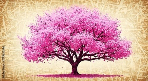 Fototapeta Vibrant pink cherry blossom tree with textured background