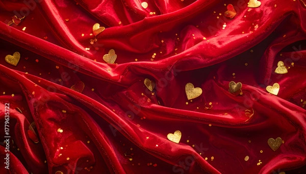 Fototapeta red textile background with golden hearts confetti, happy valentines day backdrop