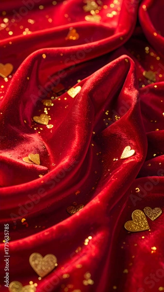 Obraz red textile background with golden hearts confetti, happy valentines day backdrop