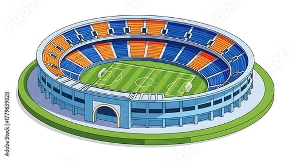 Fototapeta Modern soccer stadium with blue and orange seating and green field