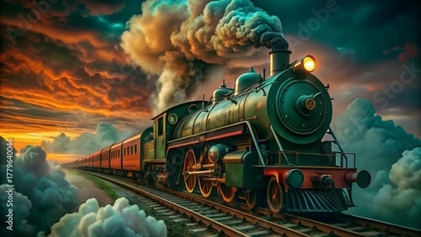Fototapeta Steam locomotive on railway tracks with smoke, vintage train traveling through countryside at sunset.