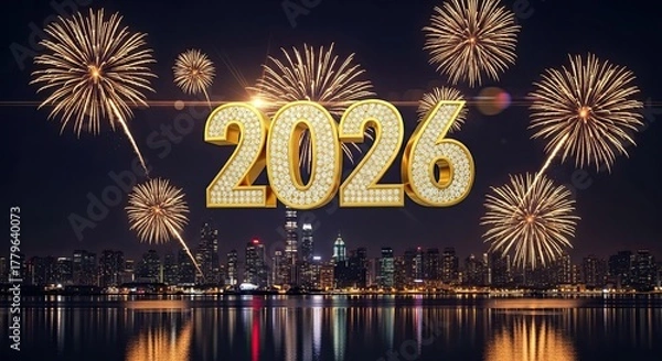 Fototapeta Celebrate The New Year 2026 With Amazing Fireworks Over The City Skyline