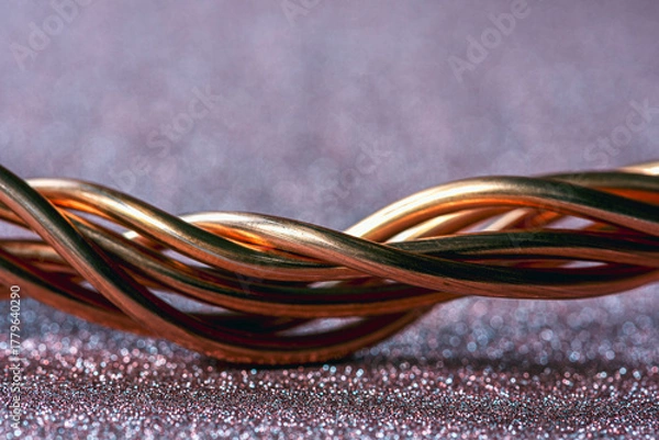 Fototapeta Twisted copper wire close-up on glitter sparkle photography backdrop