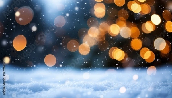 Fototapeta Winter blurred festive background with falling snow and warm bokeh light effects creating a cozy holiday atmosphere for christmas and new year celebrations
