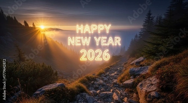 Fototapeta New Year Sunrise Over Misty Mountains Welcoming 2026