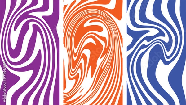 Fototapeta Abstract triptych of swirling purple orange and blue stripes