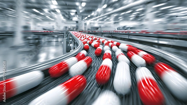 Obraz Red and White Pills on a Fast-Moving Pharmaceutical Conveyor Belt