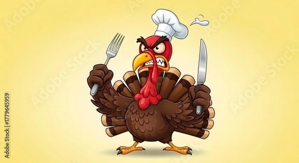 Fototapeta Angry cartoon turkey chef holding fork and knife isolated on white background