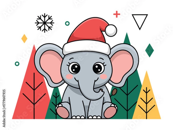 Fototapeta A cute cartoon elephant wearing a Santa hat sits amongst festive trees and snowflakes, celebrating the holiday season.