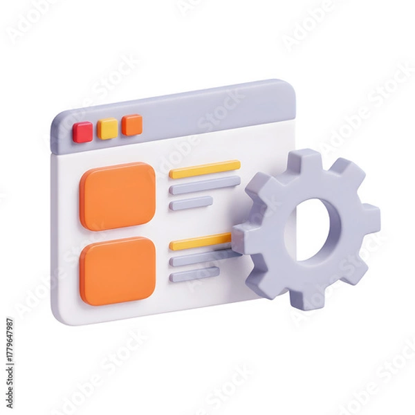 Fototapeta 3d rendering of a web page with settings gear, isolated on transparent background