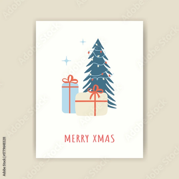 Fototapeta Christmas card with a Christmas tree, garland, and gifts. Minimalistic design. Ready-made template for a festive poster, print, or invitation.