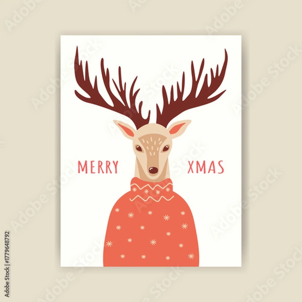 Fototapeta Hand-drawn Christmas portrait of a reindeer in a red knitted sweater. Festive print with a cute animal for New Year decor. Ready-made postcard in a minimalist style.