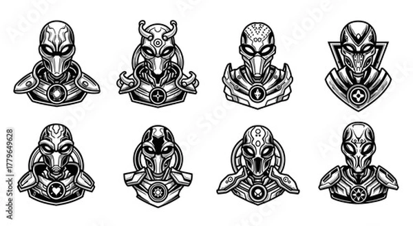 Obraz Collection of stylized alien portraits, showcasing detailed futuristic armor and headgear designs.