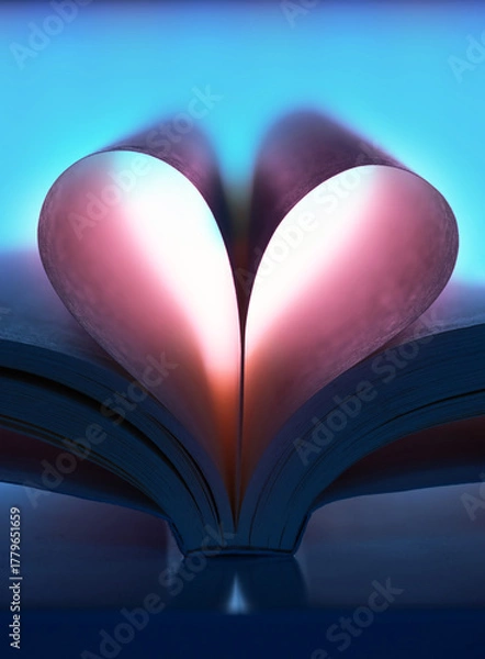 Fototapeta Book pages shaped into a heart with a striking blue and pink lighting. Conceptual image symbolizing love for reading, literature, imagination and creativity.