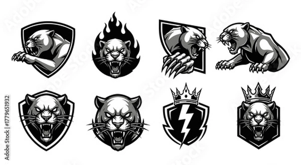 Obraz Collection of eight monochrome panther mascot designs, featuring shields, flames, lightning, crowns, and aggressive poses.