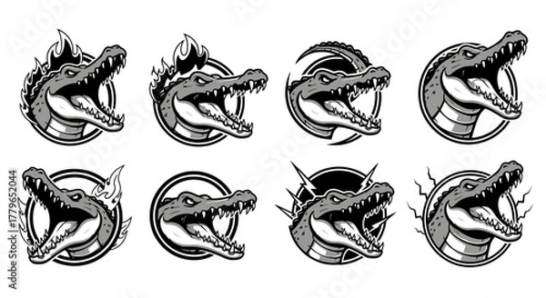 Obraz Eight alligator head designs in circles with varied effects like fire, lightning, and claw marks.