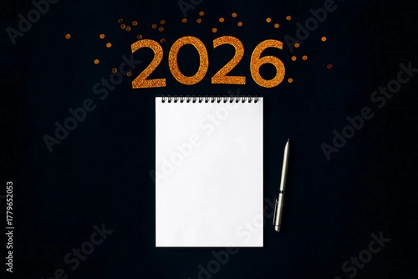 Fototapeta 2026 New Year concept with empty notebook for your goals, plans, resolutions. Flat lay style. Christmas planning concept with space for text