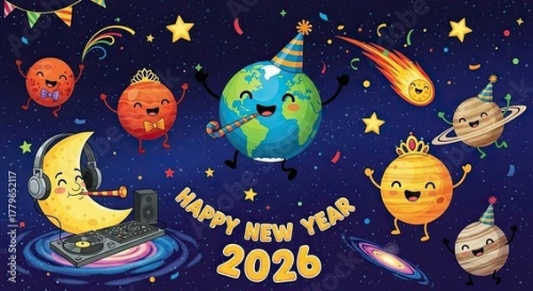Fototapeta Happy New Year 2026 Celestial Celebration of Planets and Stars