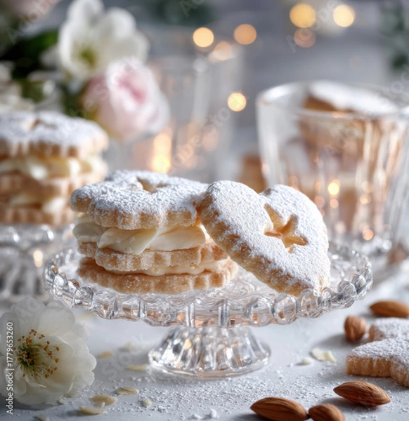 Obraz Herzplätzchen mit Vanillecreme und Puderzucker auf Glasetagere, festlich dekoriert mit Mandeln und Blumen