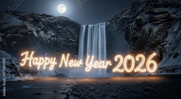 Fototapeta Happy New Year 2026 With Waterfall and Moon