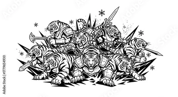 Obraz A group of armored tigers and a knight stand together, surrounded by spears and snowflakes in a black and white illustration.
