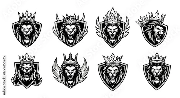Obraz A collection of eight heraldic lion head crest illustrations, each with a crown.