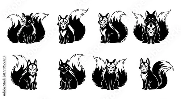 Obraz A collection of stylized black and white fox illustrations, each with unique facial markings.