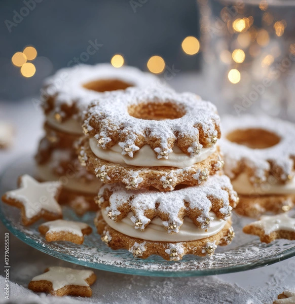 Obraz Festliche Kranzplätzchen mit Vanillecreme und Puderzucker, verziert mit Golddekor auf Glasplatte
