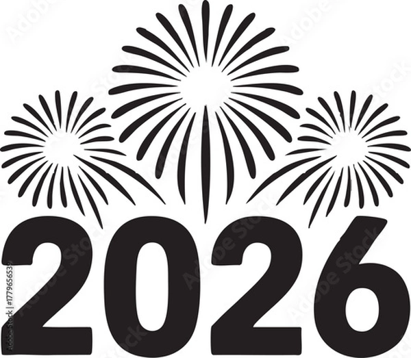 Fototapeta Minimal New Year 2026 design, bold black lines, solid shapes, no gradients, clean vector style, centered layout for T-shirt or hoodie print, white background, simple modern festive theme