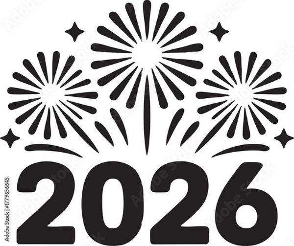 Obraz Minimal New Year 2026 design, bold black lines, solid shapes, no gradients, clean vector style, centered layout for T-shirt or hoodie print, white background, simple modern festive theme