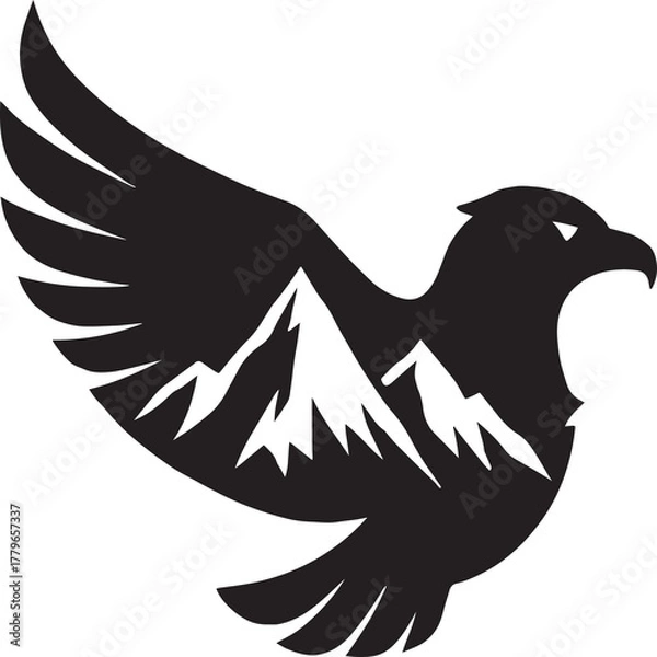 Fototapeta Stylized black silhouette of a bird of prey with wings spread wide, containing sharp mountain peaks within its body and wings. This conceptual artwork merges wildlife and landscape to evoke themes of 