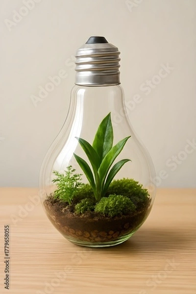 Fototapeta small terrarium ecosystem inside a glass lightbulb
