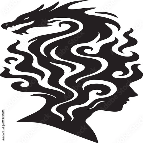 Fototapeta Stylized black silhouette artwork blending a human profile with a dragon's head. The swirling hair transforms into the dragon, symbolizing transformation, imagination, and inner strength. Ideal for fa