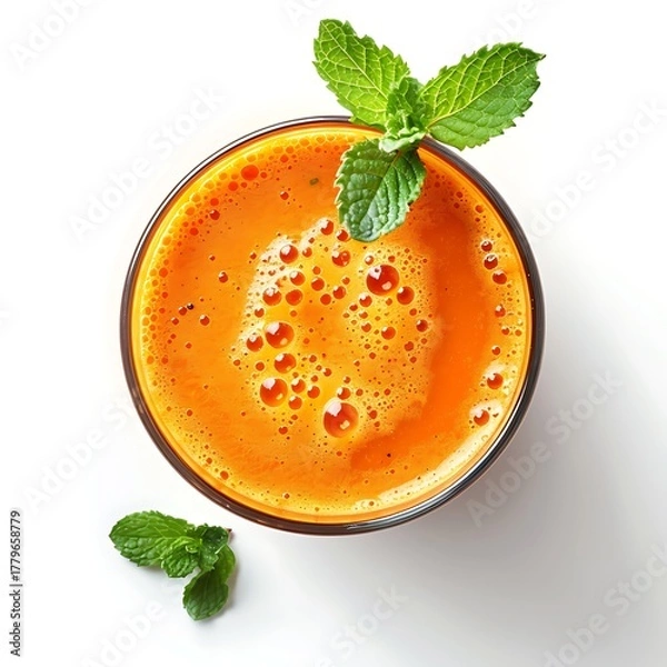 Fototapeta Overhead view of orange juice in a glass with mint leaves on a white background