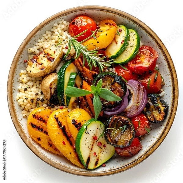 Fototapeta Overhead view of a bowl filled with couscous and various grilled vegetables inside it