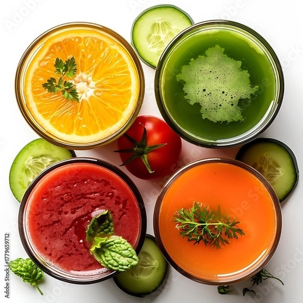 Fototapeta Aerial view of four glasses with colorful juices and fresh produce on a surface