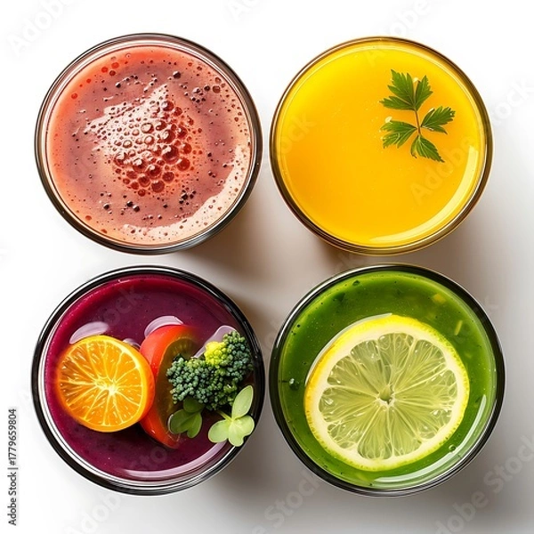 Fototapeta Aerial view of four glasses filled with colorful smoothies and fruit garnishes placed