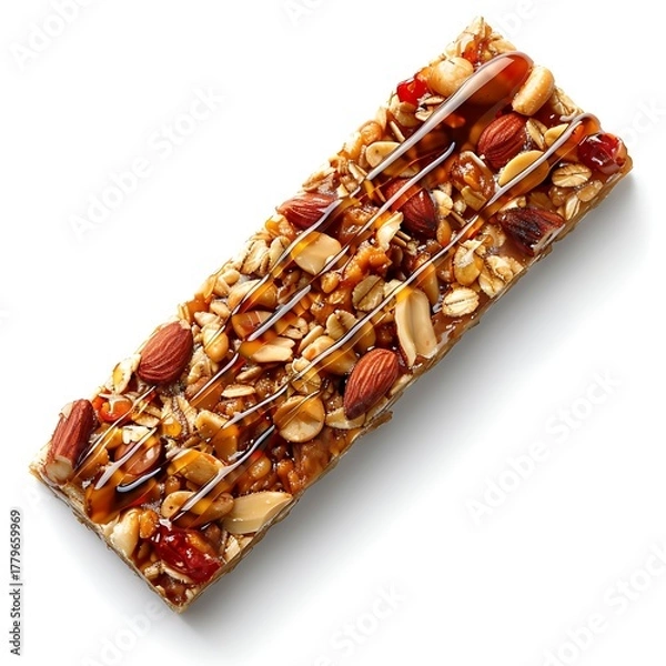 Fototapeta Close up shot of a granola bar with nuts drizzled with a white creamy substance