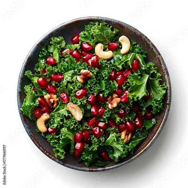 Fototapeta Overhead view of a bowl filled with salad containing kale pomegranates and cashew nuts