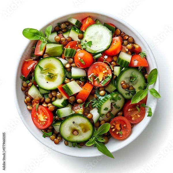 Fototapeta Aerial view of a bowl filled with a fresh salad containing tomatoes and cucumbers
